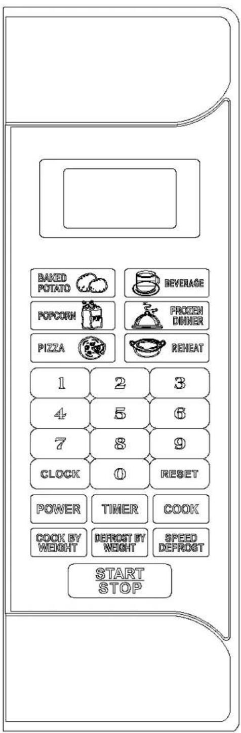 BAKED POTATO BEVERAGE POPCORN FROZEN DINNER PIZZA REHEAT 1 2 3 4 5 6 7 8 9 CLOCK 0 RESET POWER TIMER COOK COOK BY WEIGHT DEFROST BY WEIGHT SPEED DEFROST START STOP