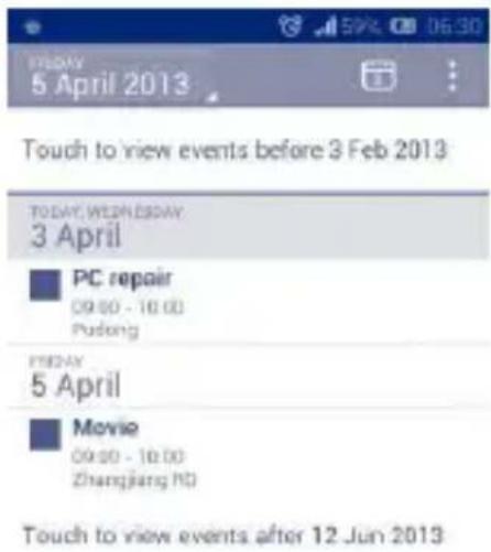 5 April 2013 Touch to view events before 3 Feb 2013 TODAY, WEDNESDAY 3 April PC repair 09:00 - 10:00 Pudong FEBDAY 5 April Movie 09:00 - 10:00 Zhangjiang HD Touch to view events after 12 Jun 2013