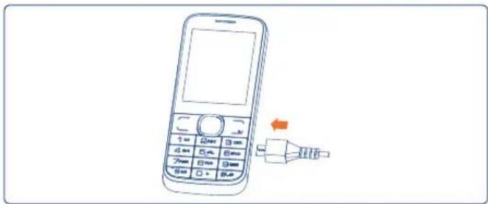 Diagram of a mobile phone with labeled buttons and an arrow indicating the right-hand connector.