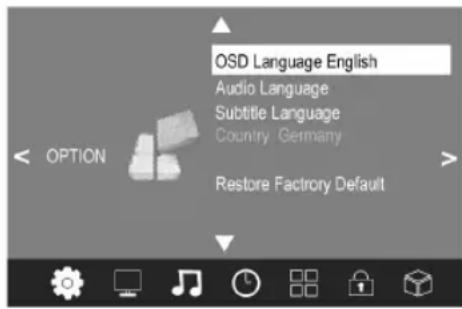 OSD Language English Audio Language Subtitle Language Country, Germany Restore Factory Default