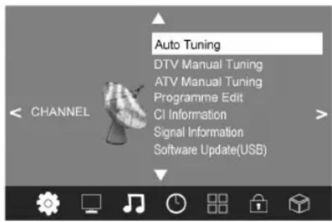 Auto Tuning DTV Manual Tuning ATV Manual Tuning Programme Edit CI Information Signal Information Software Update(USB)