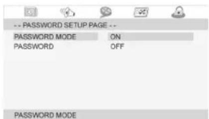 -- PASSWORD SETUP PAGE -- PASSWORD MODE ON PASSWORD OFF PASSWORD MODE