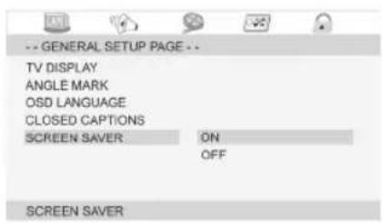 -- GENERAL SETUP PAGE -- TV DISPLAY ANGLE MARK OSD LANGUAGE CLOSED CAPTIONS SCREEN SAVER ON OFF SCREEN SAVER