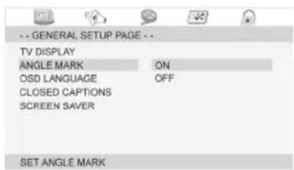 -- GENERAL SETUP PAGE -- TV DISPLAY ANGLE MARK ON OSD LANGUAGE OFF CLOSED CAPTIONS SCREEN SAVER SET ANGLE MARK