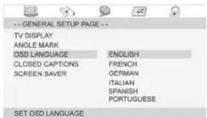 -- GENERAL SETUP PAGE -- TV DISPLAY ANGLE MARK OSD LANGUAGE ENGLISH CLOSED CAPTIONS FRENCH SCREEN SAVER OERMAN ITALIAN SPANISH PORTUGUESE SET OSD LANGUAGE