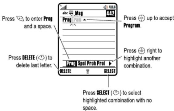 Press to enter Prog and a space. Press DELETE (✗) to delete last letter. abc Msg 4.12 Prog Proc Spol Proh Prol Press up to accept Program. Press right to highlight another combination. SELECT DELETE SELECT (✗) to select highlighted combination with no space.