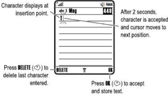 Character displays at insertion point. abc 1 Mag 449 After 2 seconds, character is accepted and cursor moves to next position. Press DELETE (◀) to delete last character entered. DELETE OK Press OK (◀) to accept and store text.