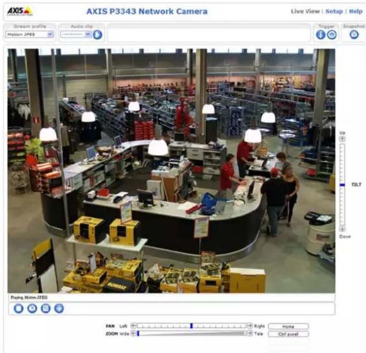 AXIS P3343 Network Camera Live View | Setup | Help Stream profile Motion JPEG Audio che Trigger Snapshot Up TILT Down Playing Motion JPEG FAN Left Right Home ZOOM wide Tee Cut panel