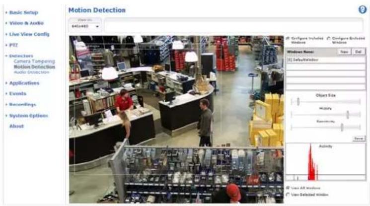 Motion Detection Basic Setup Video & Audio Live View Config PFZ Detectors Camera Tanpering Motion Detection Audio Detection Applications Events Recordings System Options About 645x80 Object Size History Activity View All Windows View Selected Window