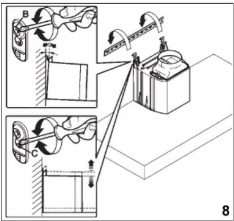 Technical diagram illustrating mechanical assembly steps with labeled components A, B, and C, showing motion directions and structural changes.