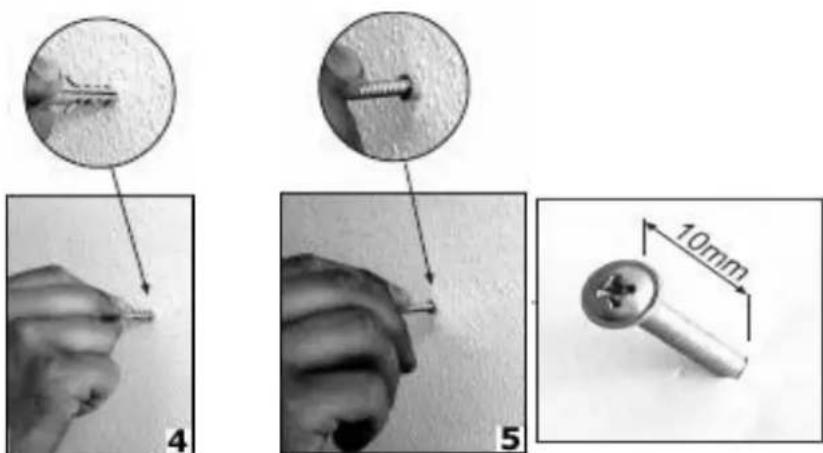 Technical diagram showing three-step installation of a screw with magnified views and a 10mm dimension label