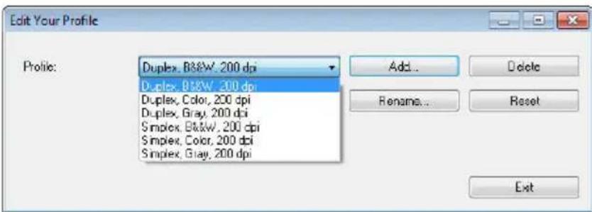 Edit Your Profile Profile: Duplex, B3&W, 200 dpi Duplex, B3&W, 200 dpi Duplex, Color, 200 dpi Duplex, Gray, 200 dpi Simplex, B3&W, 200 dpi Simplex, Color, 200 dpi Simplex, Gray, 200 dpi Add... Delete Rename... Reset Exit