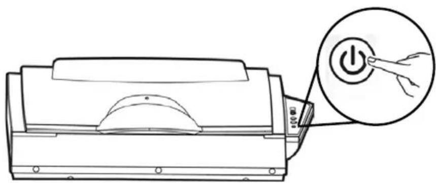 Line drawing of a printer with a power button icon pointing to it (no text or symbols present)