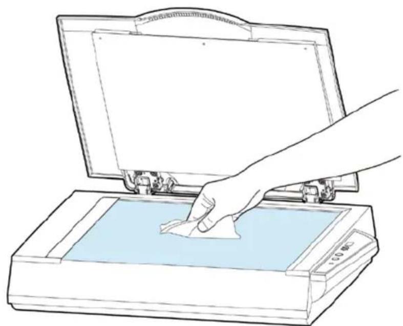 Line drawing of a hand using a cleaner to clean a printed image on a flatbed scanner (no text or symbols)