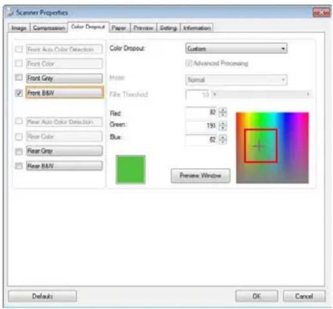 Scanner Properties Images Compression(Color Dropout Paper Preview Editing Information Front Auto Color Detection Front Color Front Gray Front B&W Color Dropout: Custom Advanced Processing Mode: Normal File Threshold: 10 Red: 82 Green: 193 Blue: 62 Rear Auto Color Detection Rear Color Rear Gray Rear…