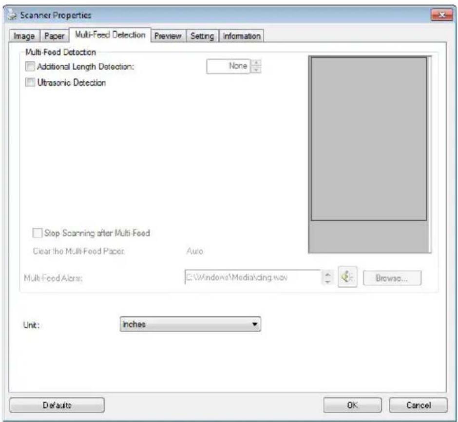 Scanner Properties Image Paper Multi-Feed Detection Preview Setting Information Multi-Feed Detection Additional Length Detection: None Ultrasonic Detection Stop Scanning after Multi-Feed Clear the Multi-Feed Paper Auto Multi-Feed Alarm: Windows\Media\ding way Browse... Unit: inches Defaults OK Cance…