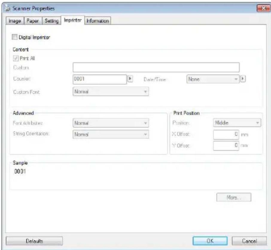 Scanner Properties Image Paper Setting Imprinter Information Digital Imprinter Content Print All Custom Counter: 0001 Date/Time None Custom Font Normal Advanced Font Attributes: Normal String Orientation: Normal Print Position Position: Middle X Offset: 0 mm Y Offset: 0 mm Sample 0001 More... Defaul…