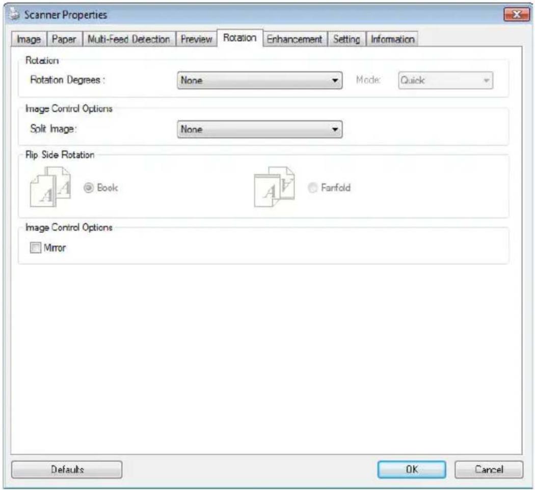 Scanner Properties Image Paper Multi-Feed Detection Preview Rotation Enhancement Setting Information Rotation Rotation Degrees: None Mode: Quick Image Control Options Split Image: None Flip Side Rotation Book Fanfold Image Control Options Mirror Defaults OK Cancel