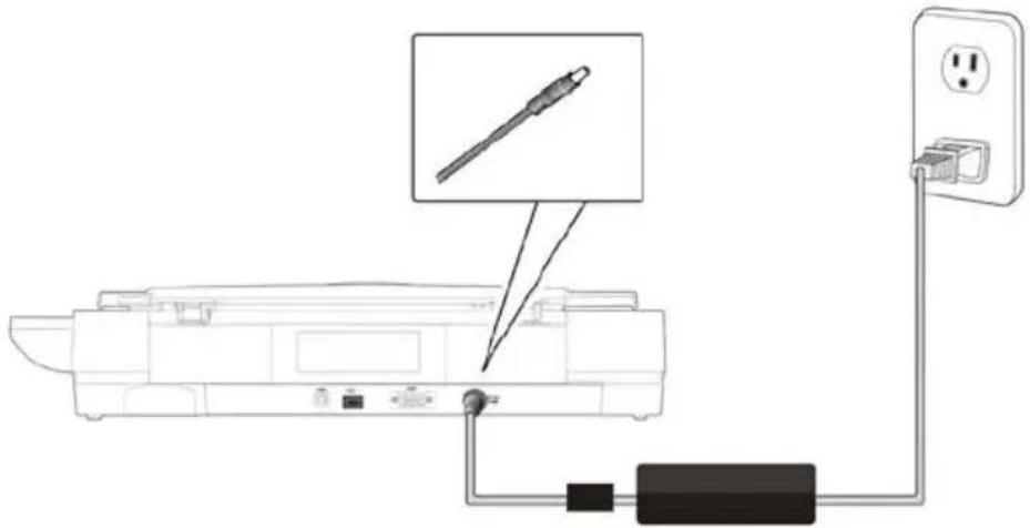 Diagram of a printer connected to a power outlet via cable, showing internal components and wiring (no text or symbols)