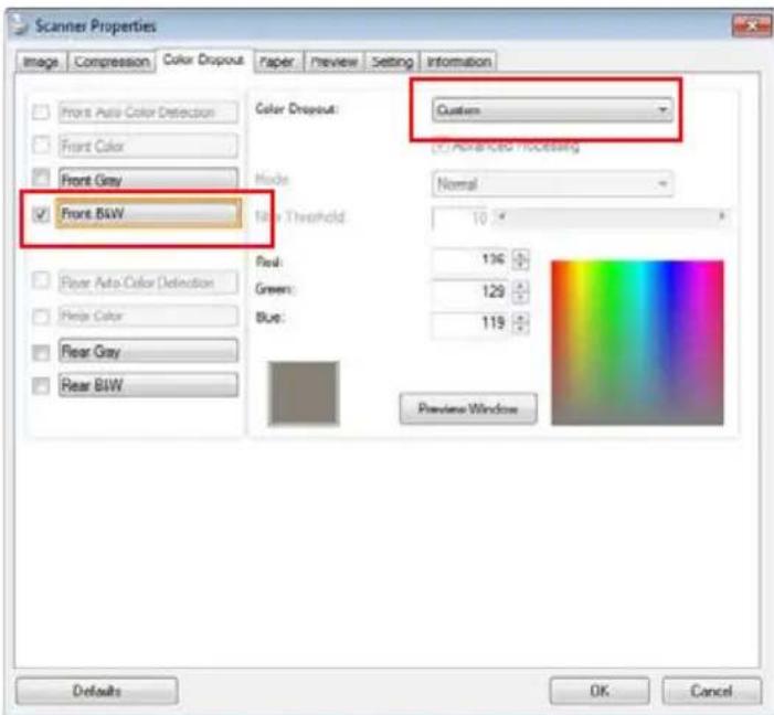 Scanner Properties Image Compression Color Dropout Paper Preview Setting Information Front Auto Color Detection Front Color Front Gray Front B&W Color Dropout: Custom Advanced Processing Mode: Normal Filter Threshold: 10 ° Peak: 136 Green: 129 Blue: 119 Preview Window Rear Auto Color Detection Rear…