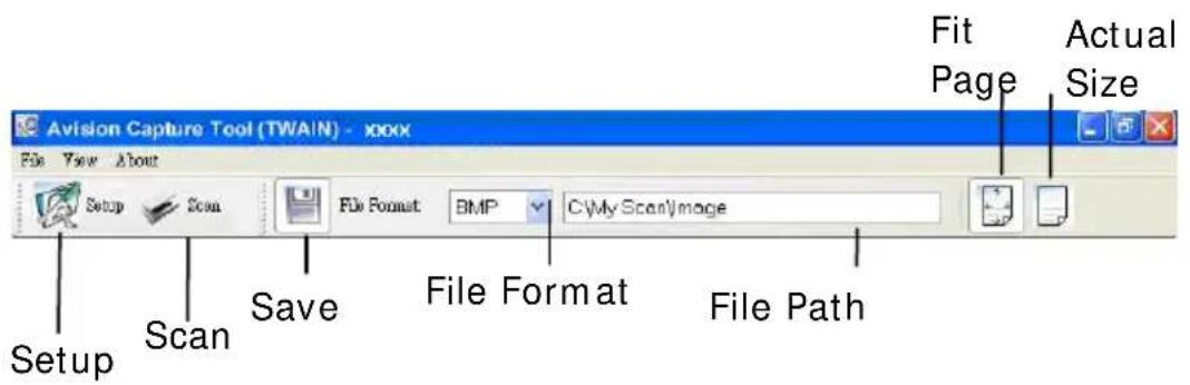 Avision Capture Tool (TWAIN) - xxxx File View About Setup Scan Save File Format BMP C:\My Scan\Image Fit Page Actual Size Setup Scan File Format File Path