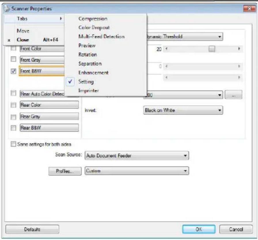 Scanner Properties Tabs Move x Close Alt+F4 Front Color Front Gray ✓ Front B&W Compression Color Dropout Multi-Feed Detection Preview Rotation Separation Enhancement Setting Imprinter 20 0 ✓ Rear Auto Color Detect Invert Black on White Rear Color Rear Gray Rear B&W Some settings for both sides Scan…
