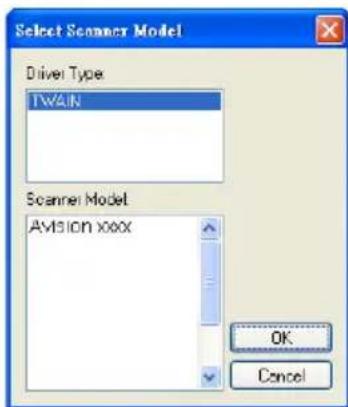 Select Scanner Model Driver Type TWIN Scanner Model AVISION XXX OK Cancel
