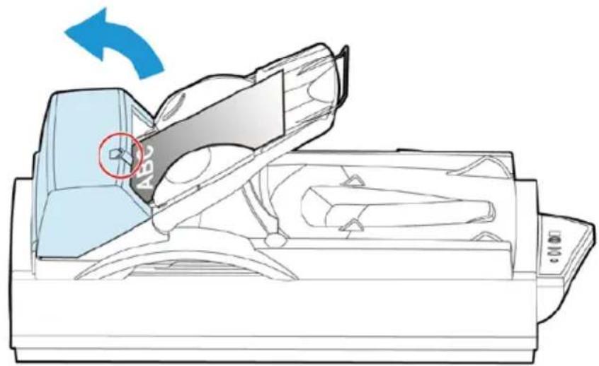 Diagram of a printer or scanner device with a blue arrow indicating rotation, showing internal components and no readable text or symbols.