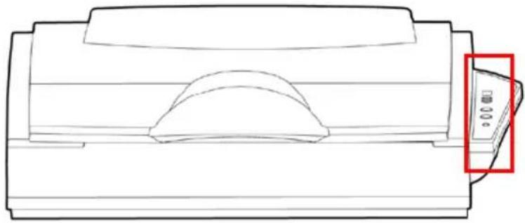 Technical line drawing of a printer or printer casing with a curved cover and a red rectangular inset showing a small object (no text or symbols)