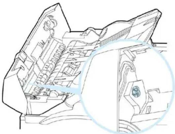 Technical line drawing of a mechanical assembly with internal components and a magnified inset (no text or symbols)