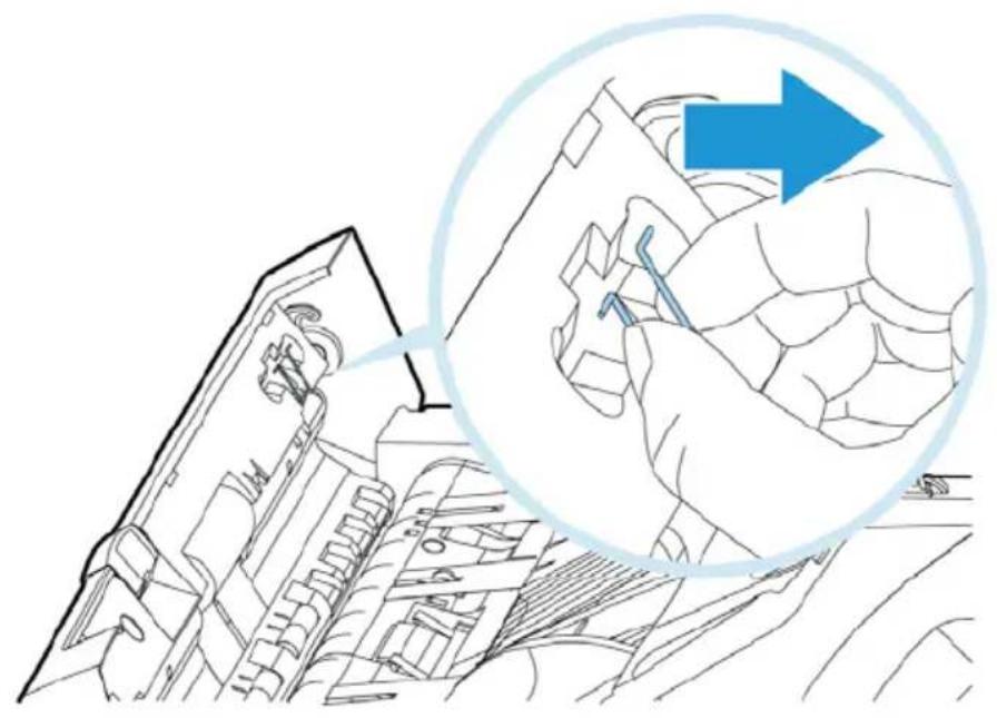Technical line drawing of a mechanical assembly with a magnified inset showing a hand holding a tool, no text or symbols present.