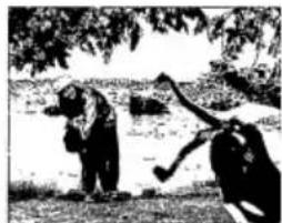 Black-and-white illustration of two people outdoors near a body of water, no visible text or symbols