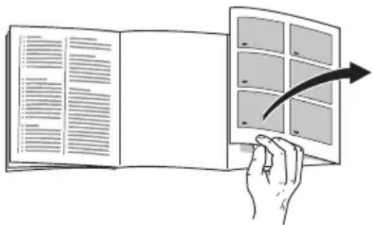 Illustration showing a hand holding a folded document with a curved arrow pointing to a grid layout, indicating a transformation or mapping process.