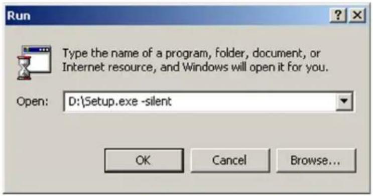 Run Type the name of a program, folder, document, or Internet resource, and Windows will open it for you. Open: D:\Setup.exe -silent OK Cancel Browse...