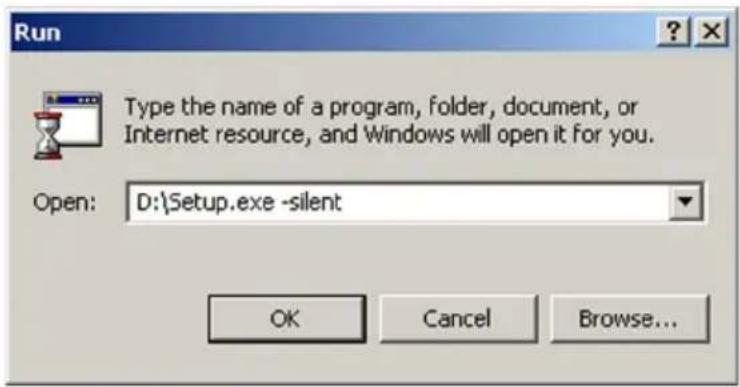 Run Type the name of a program, folder, document, or Internet resource, and Windows will open it for you. Open: D:\Setup.exe -silent OK Cancel Browse...