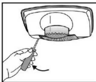 Hand holding a tool interacting with a device, showing a circular component and a curved arrow indicating rotation (no text or symbols).