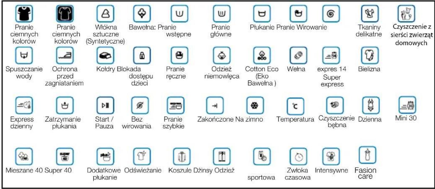 Pranie ciemnych kolorów Spuszczanie wody Ochrona przed zagniataniem Express dzienny Zatrzymanie płukania Mieszane 40 Super 40 Włókna sztuczne (Syntetyczne) Kołdry Blokada dostępu dzieci Start / Pauza Bez wirowania Odświeżanie Odźwieżanie Bawełna: Pranie wstępne Pranie główne Pranie piłkanie Pranie W…