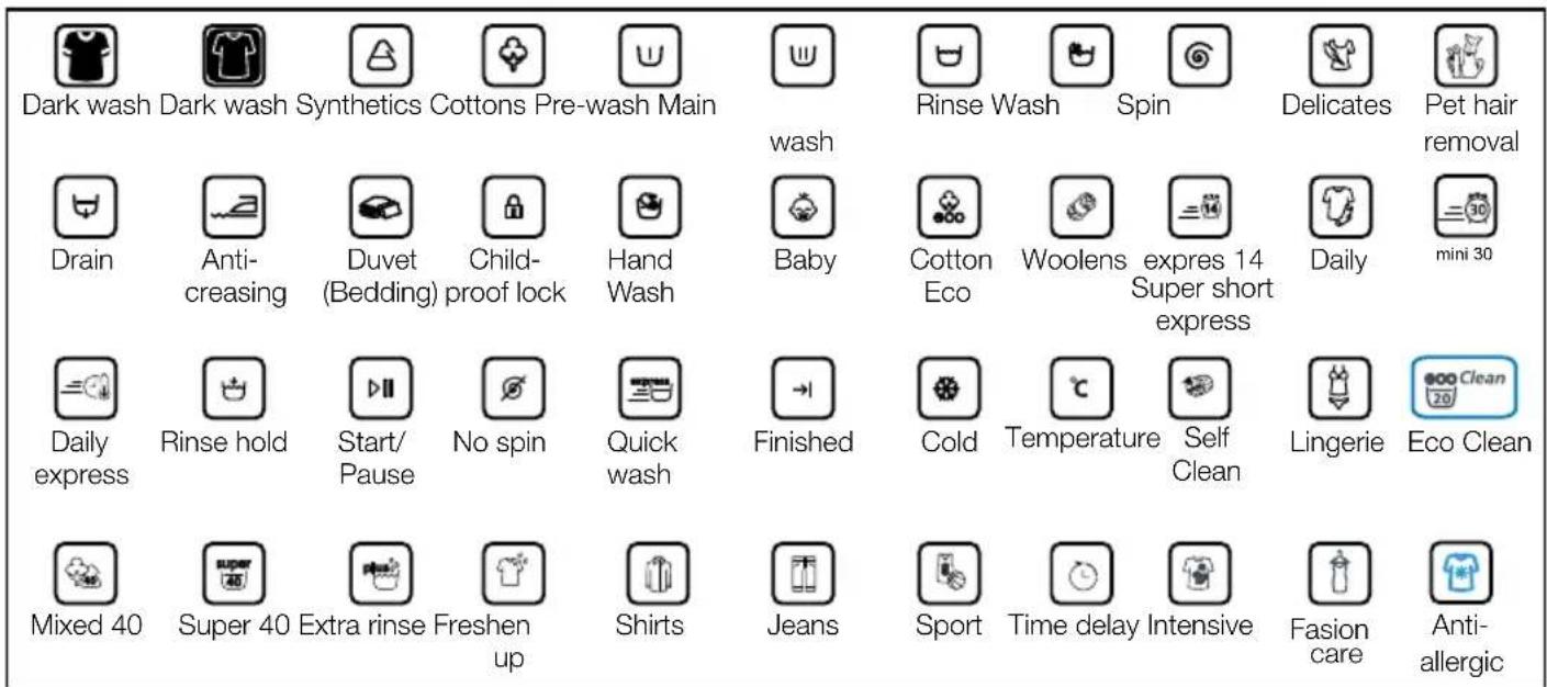 Dark wash Dark wash Synthetics Cottons Pre-wash Main Drain Anti-creasing Duvet (Bedding) Child-proof lock Hand Wash Daily express Rinse hold Start/Pause No spin Quick wash Finished Mixed 40 Super 40 Extra rinse Freshen up Shirts Jeans Sport Time delay Intensive Fasion care Anti-allergic wash Rinse W…