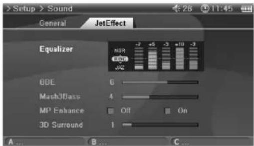 > Setup > Sound General JetEffect Equalizer NOR -7 +5 -3 +10 -2 80E 6 Mash3Dass 4 MP Enhance Off On 3D Surround 1 A ... B ... C ...