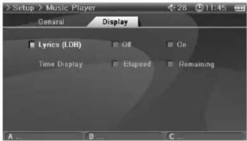 Setup > Music Player General Display Lyrics (LDB) Off On Time Display Etopseud Remaining A... B... C...