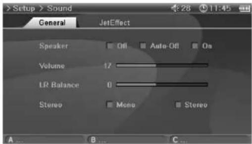 Setup > Sound General JetEffect Speaker Off Auto-Off On Volume 17 LR Balance 0 Stereo Mono Stereo A B C ...