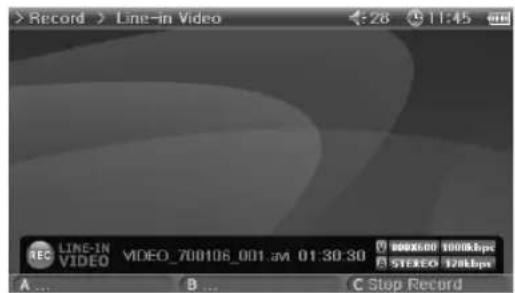 Record > Line-in Video REC LINE-IN VIDEO 700106_001.avi 01:30:30 A ... B ... C Stop Record