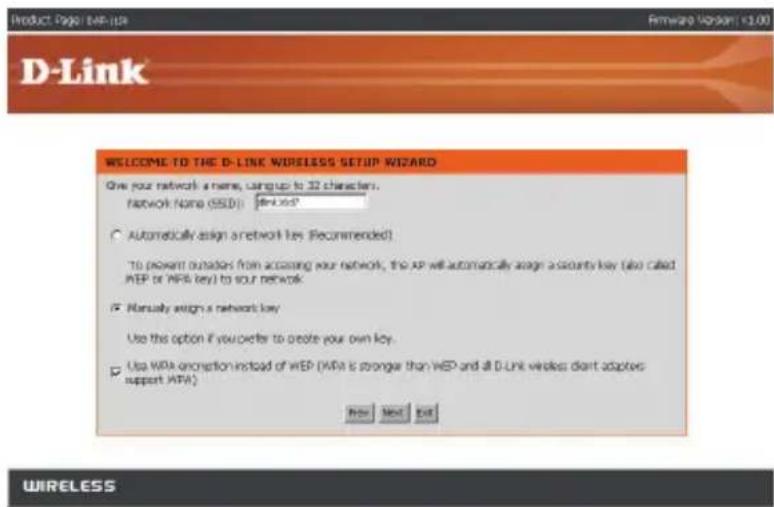 Product Page: 848-up D-Link WELCOME TO THE D-LINK WIRELESS SETUP WIZARD Give your network a name, using up to 32 characters. Network Name (SSD): DevOps? Automatically assign a network key (Recommended) To present outsiders from accessing your network, the AP will automatically assign a security key (also called WEP or WEP key) to your network. Marsely assign a network key Use this option if you order to create your own key. Use WEP creation instead of WEP (WEP is stronger than WEP and all D-Link wireless client adapters support WEP) New Next Exit WIRELESS