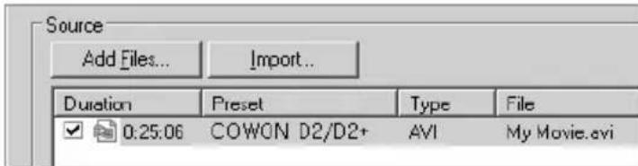 Source Add Files... Import... Duration Preset Type File ✓ 0:25:06 COWON D2/D2+ AVI My Movie.avi