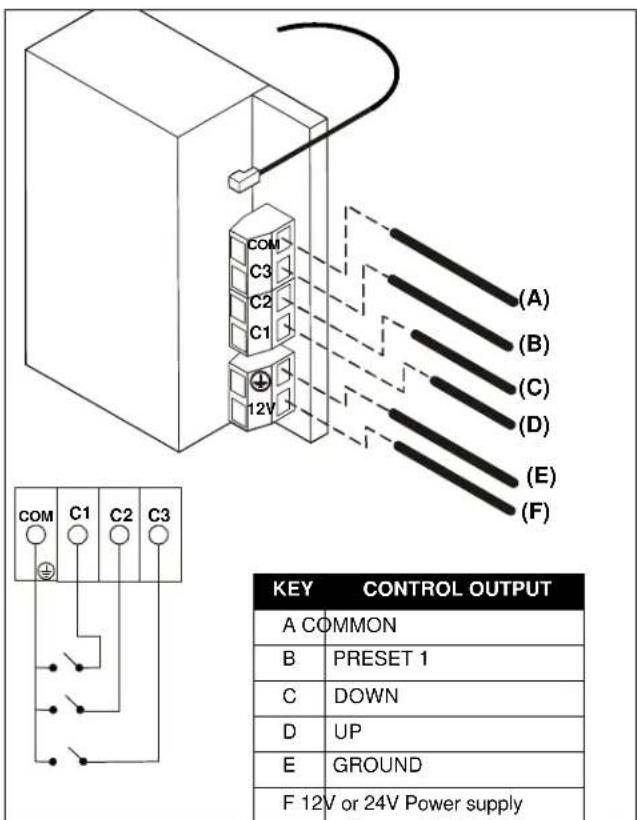 COM C1 C2 C3 COM C3 C2 C1 12V (A) (B) (C) (D) (E) (F) KEY CONTROL OUTPUT A COMMON B PRESET 1 C DOWN D UP E GROUND F 12V or 24V Power supply