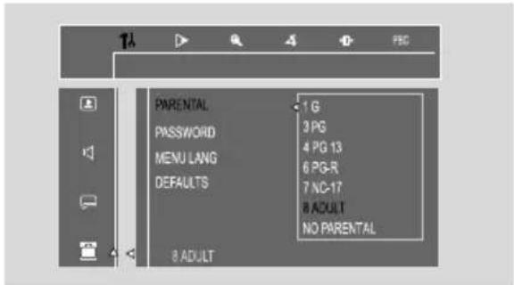 PARENTAL 1 G PASSWORD 3 PG MENU LANG 4 PG 13 6 PG-R DEFAULTS 7 NC-17 8 ADULT NO PARENTAL 8 ADULT