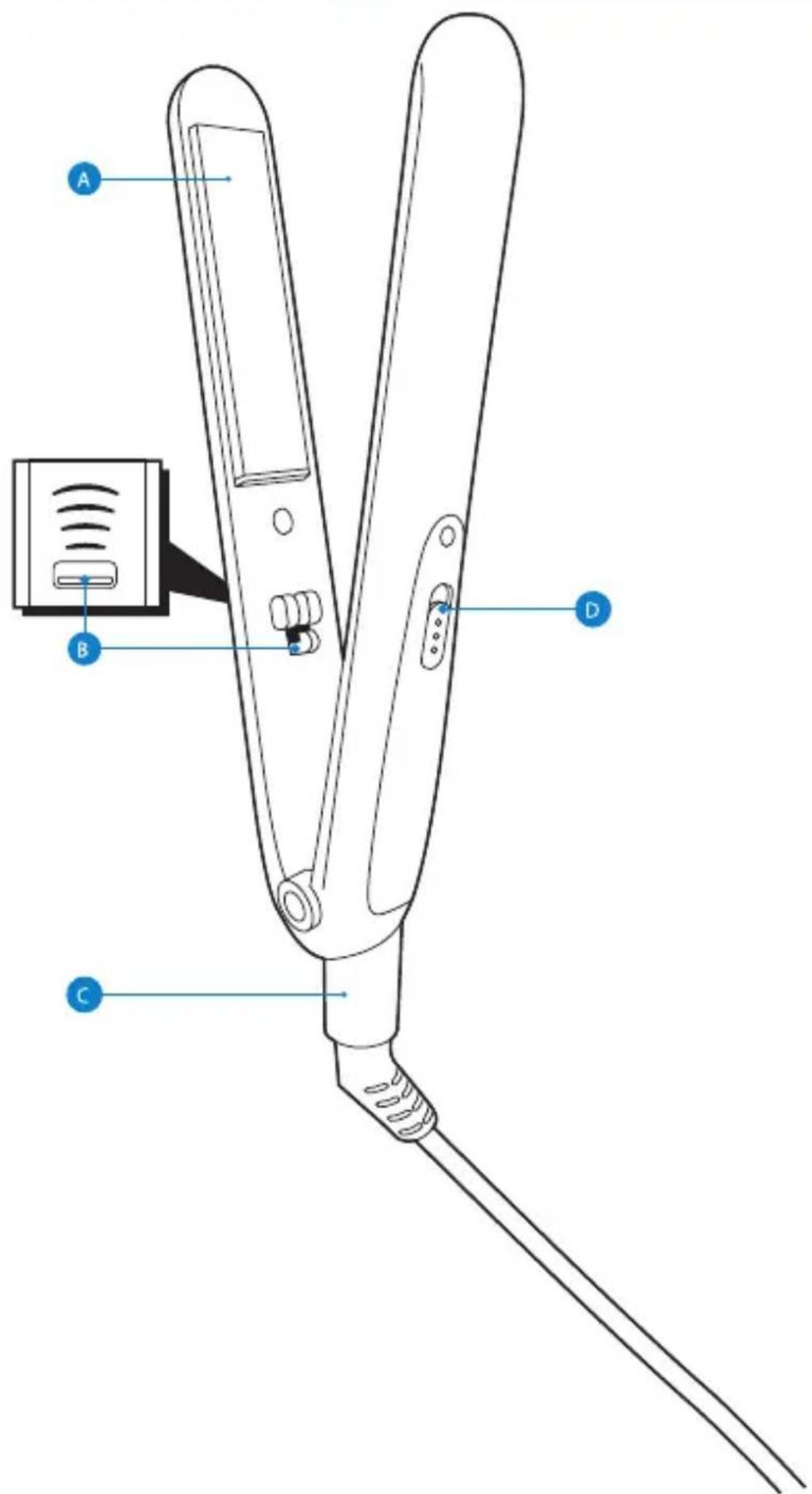 Technical diagram of a handheld device with labeled components A, B, C, and D, showing internal wiring and connector.