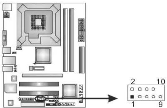 Diagram of a computer motherboard layout with labeled components and a 2x10 grid connection diagram