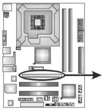 Diagram of a computer motherboard layout with labeled components and directional arrows indicating layout orientation.