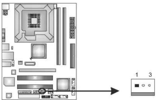 Diagram of a computer motherboard layout with labeled components and an arrow pointing to a terminal block labeled 1 and 3.